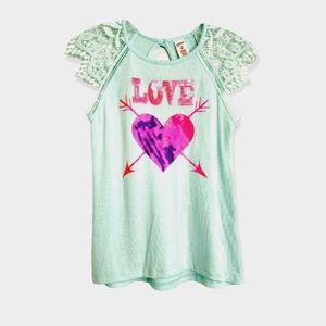 Arizona Jean Jr Girls Large Laced Cap Sleeves Sequin Love Aqua Green Top | 3/15